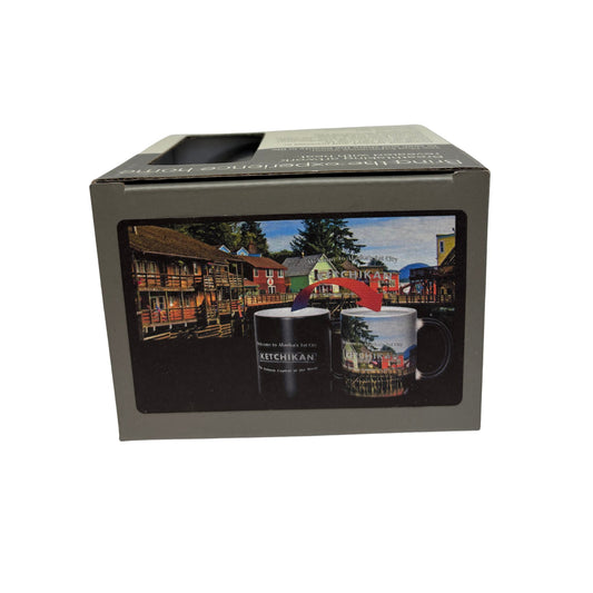 color changing mug with Ketchikan designs in a branded box 