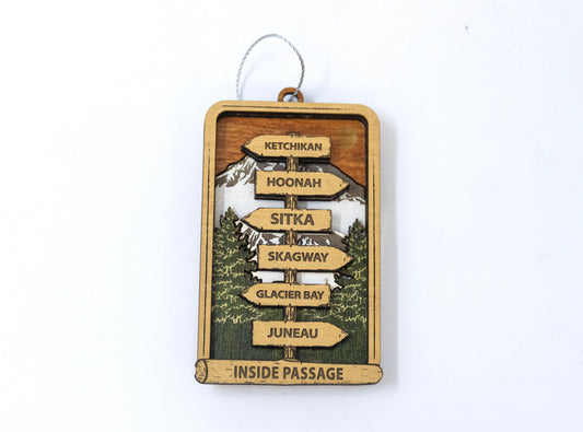 WOODEN DIRECTIONS SIGN ORNAMENT W/ KETCHIKAN, AK