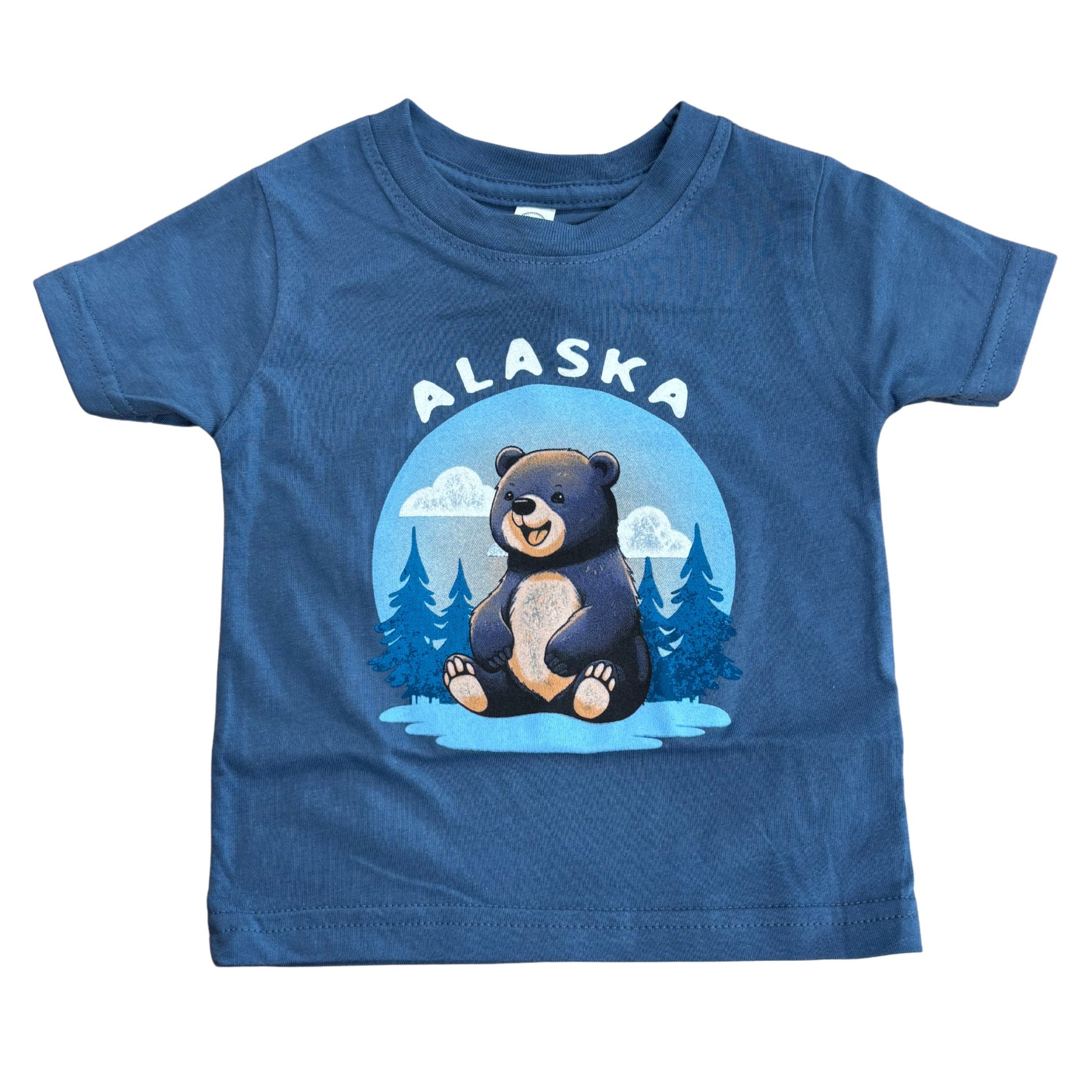 Blue infant t-shirt with an Alaska bear graphic on a white background