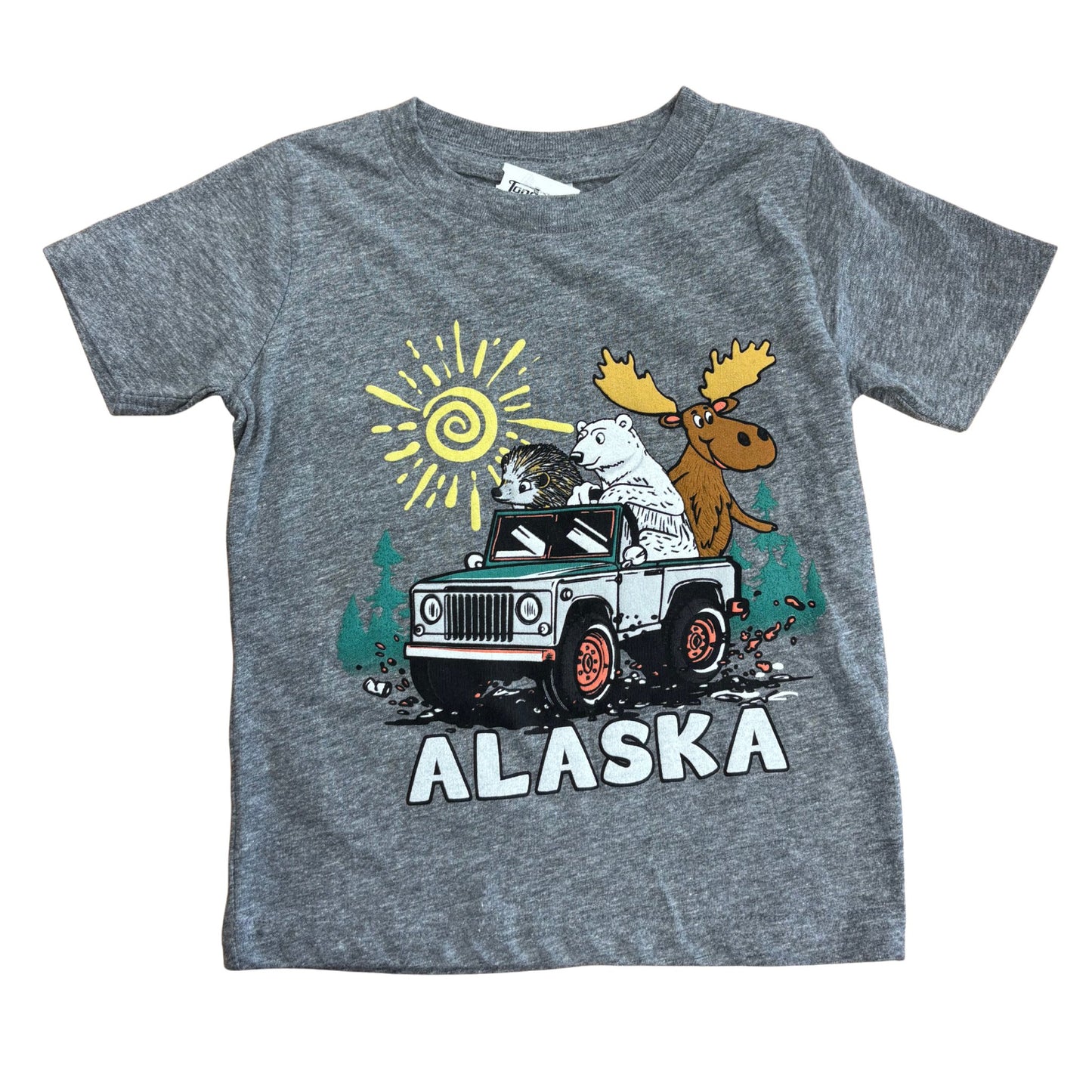 Gray t-shirt with a graphic of a truck, bear, and moose with 'Alaska' text on a white background
