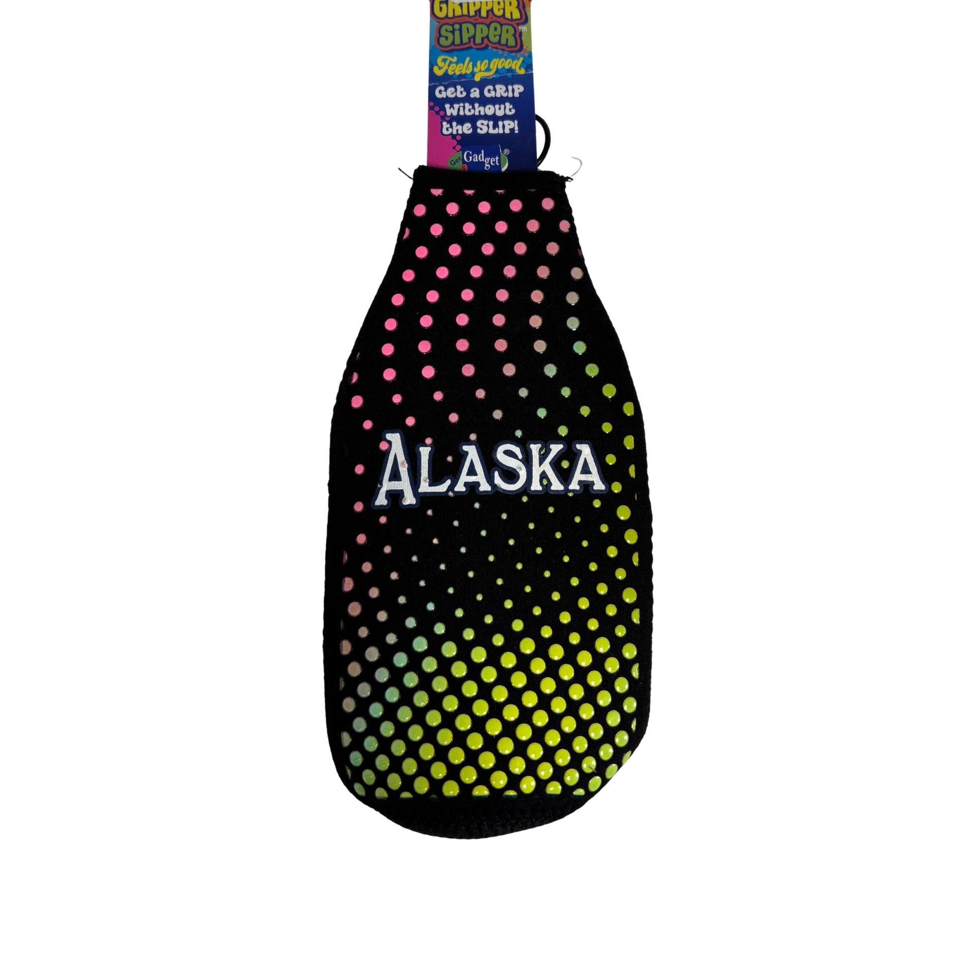 Bottle holder with "Alaska" text and colorful circles
