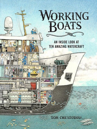 Book cover of 'Working Boats' with a detailed illustration of a boat and people inside, set against a blue ocean background.