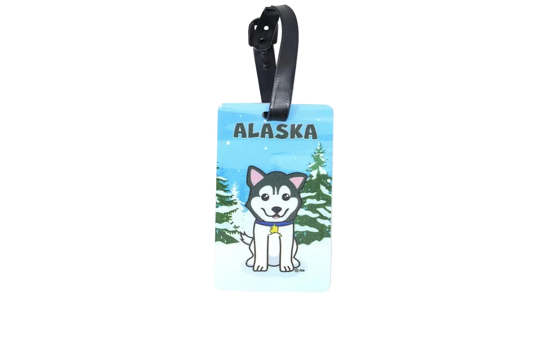 Luggage tag with a dog illustration and 'Alaska' text on a blue background