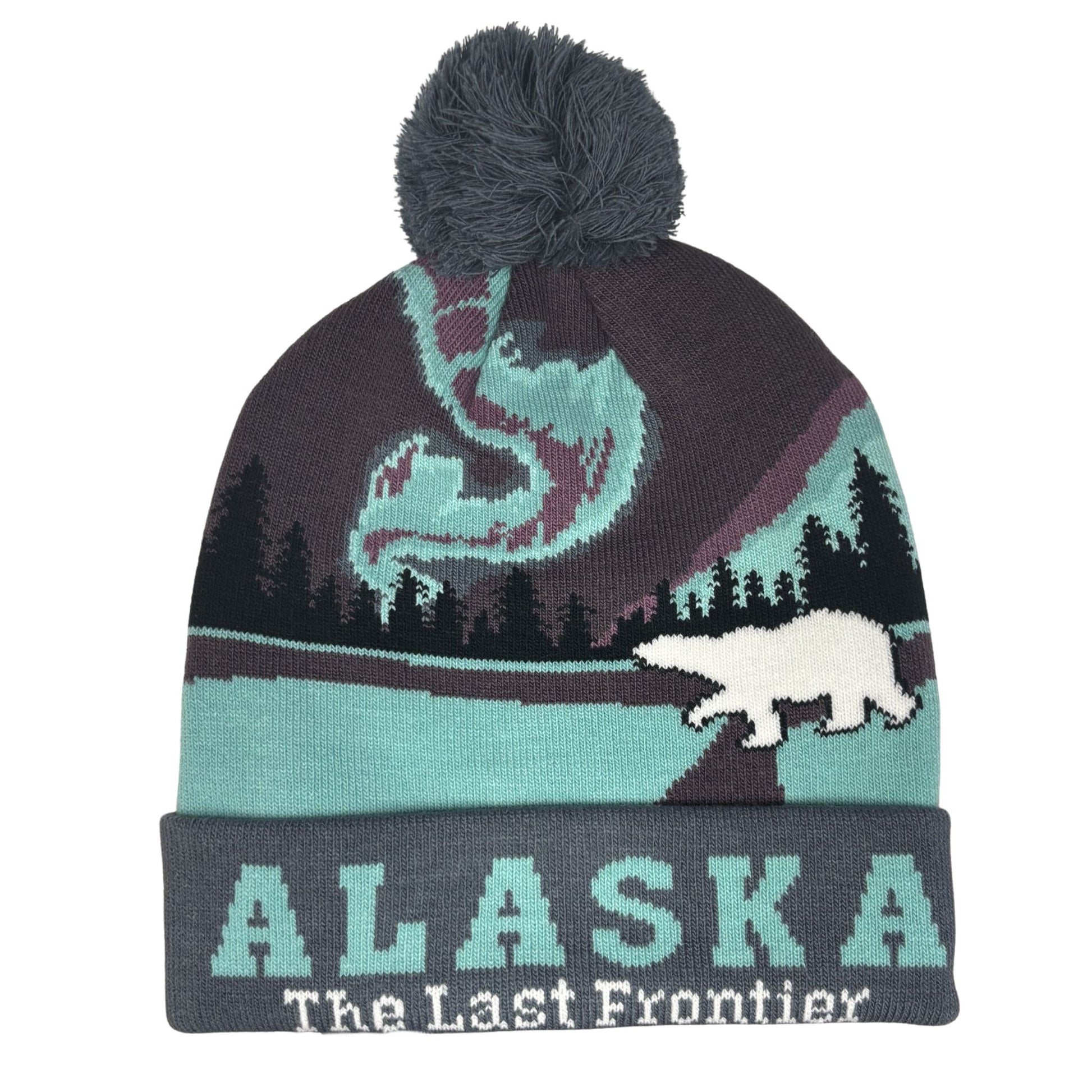 Knitted beanie with Alaska design and bear illustration on a white background