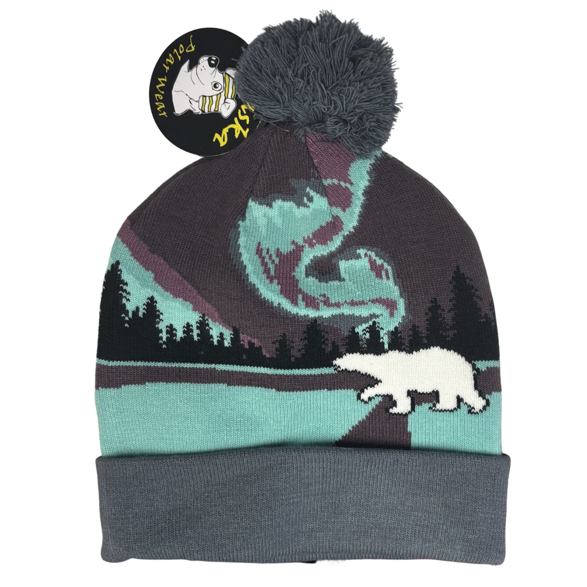 beanie with a design of a bear and trees
