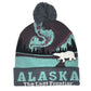 Knitted beanie with Alaska design and bear illustration on a white background