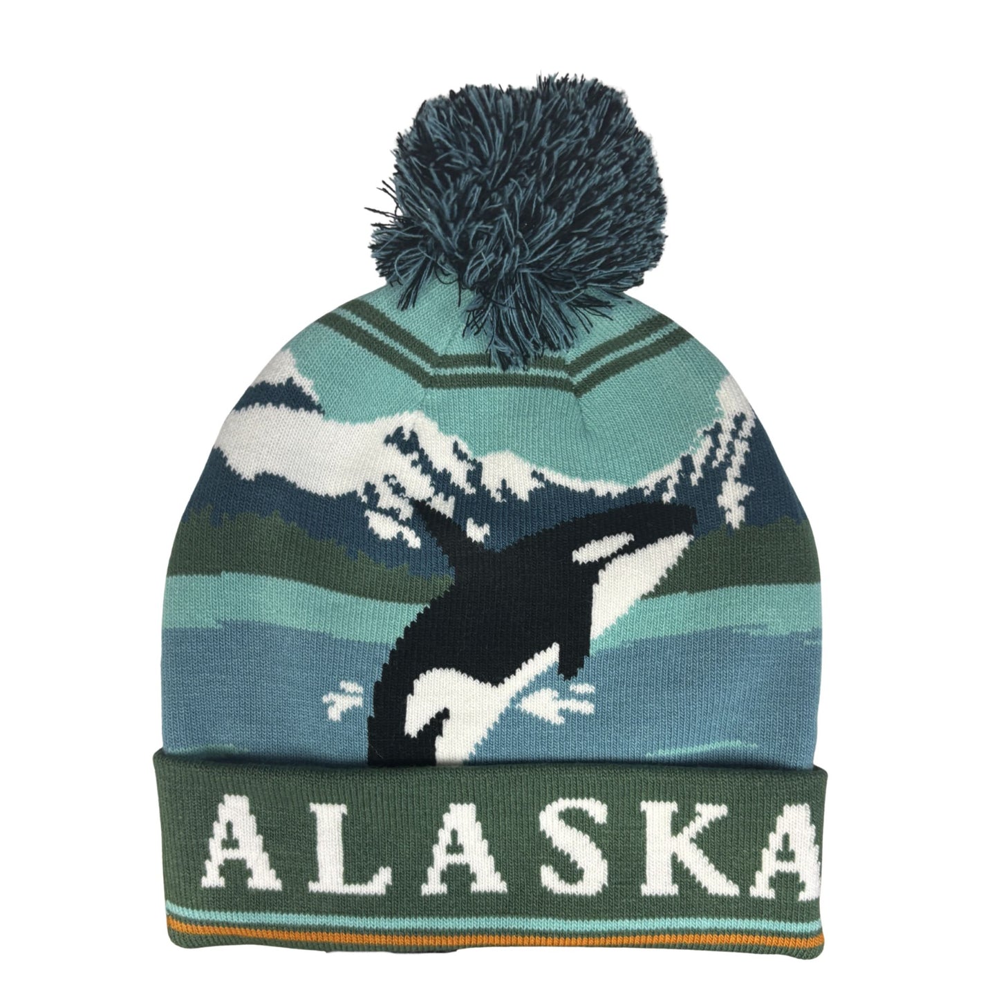 Knitted hat with Alaska text and orca whale design 