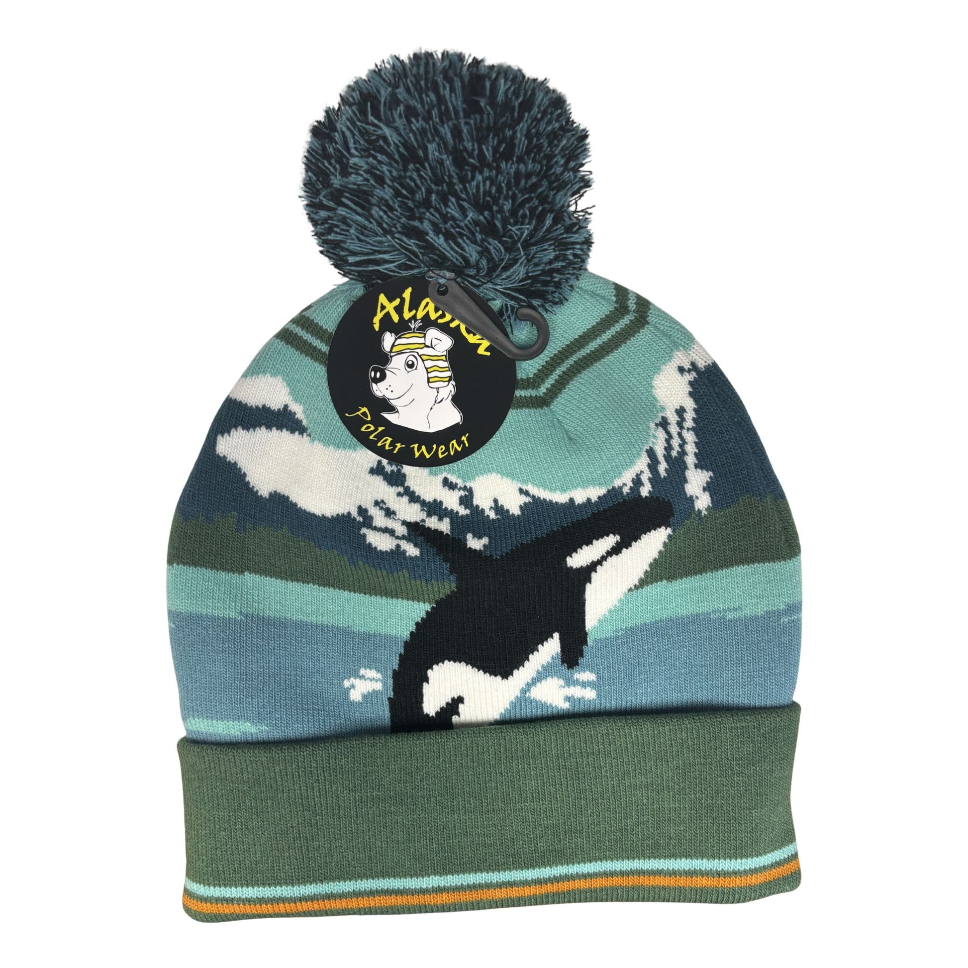Knitted hat with orca design and brand logo on a white background