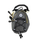 Small gray backpack with brand logo on a white background