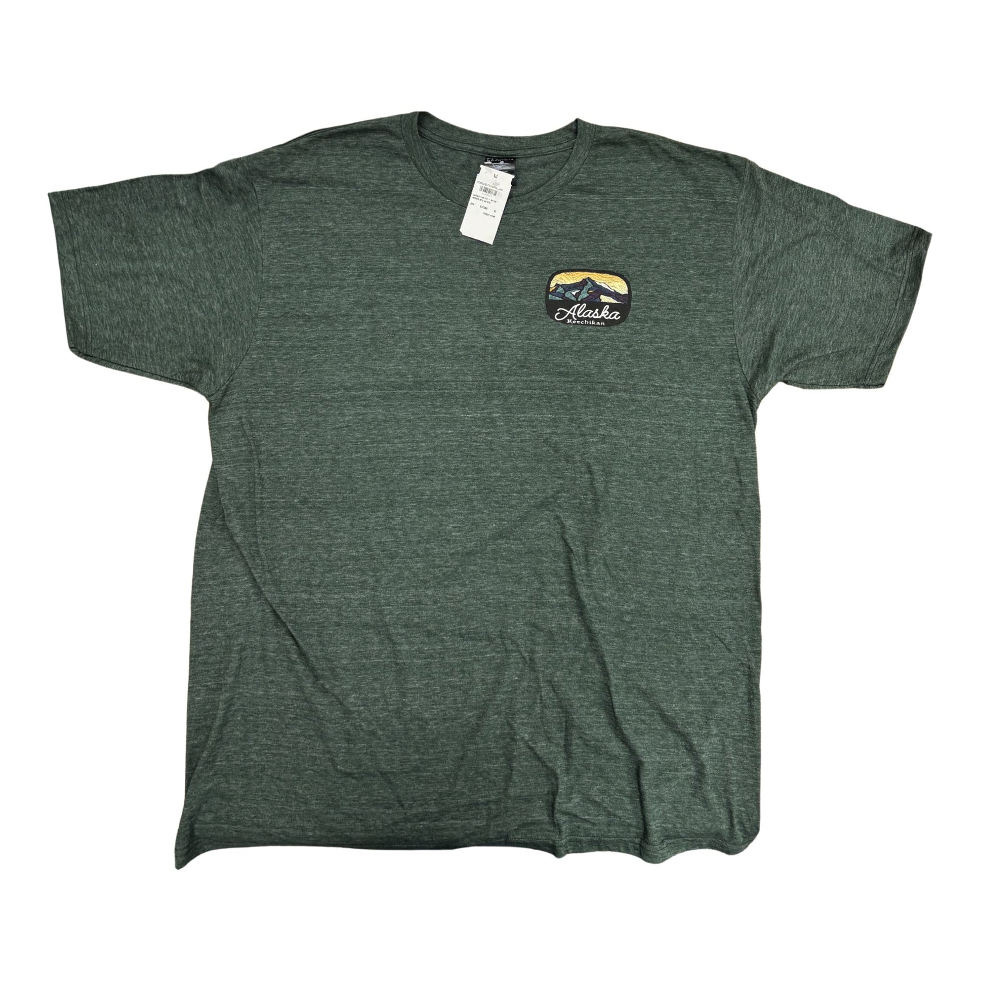 Green t-shirt with a graphic design on a white background