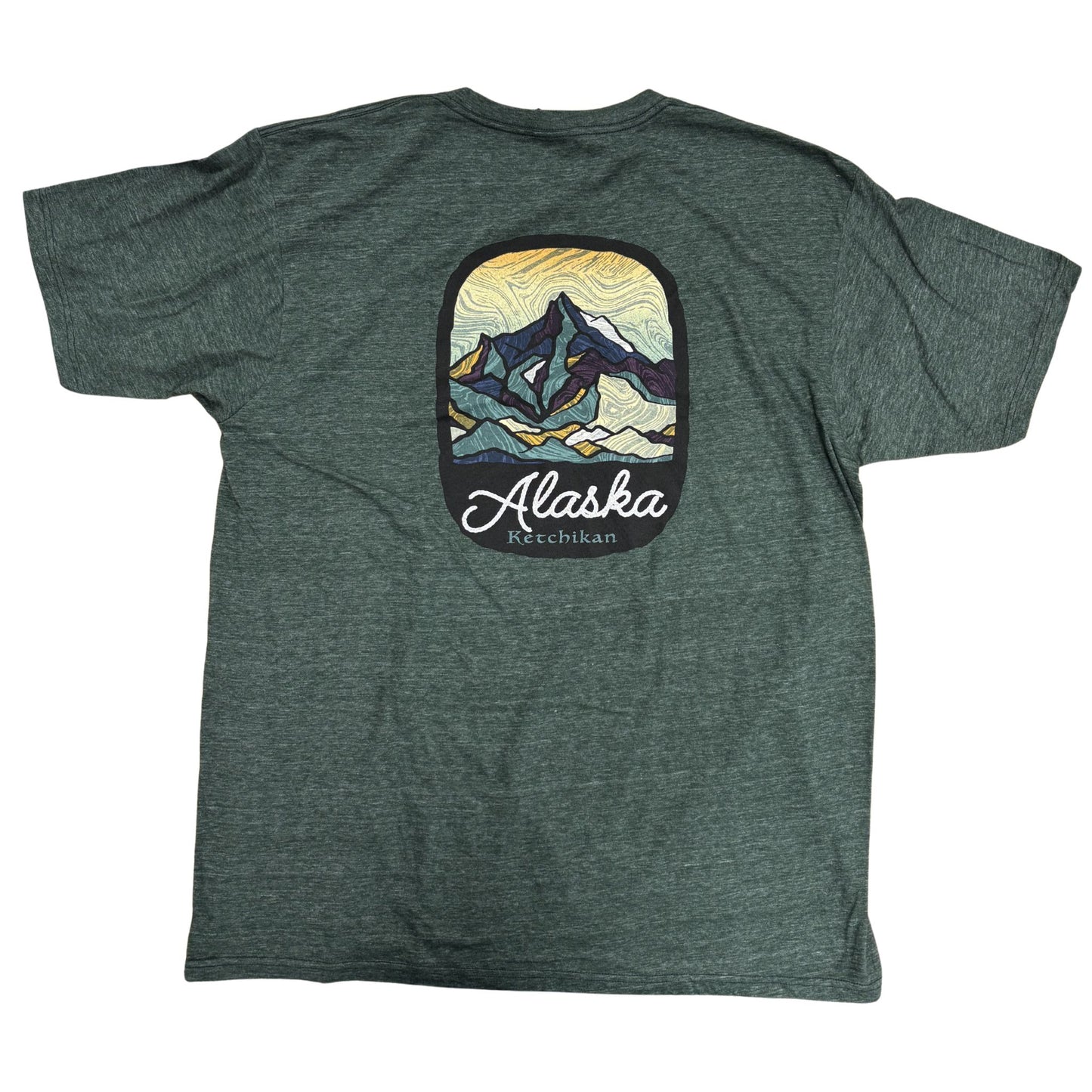 Green t-shirt with a mountain graphic and 'Alaska Ketchikan' text on a white background