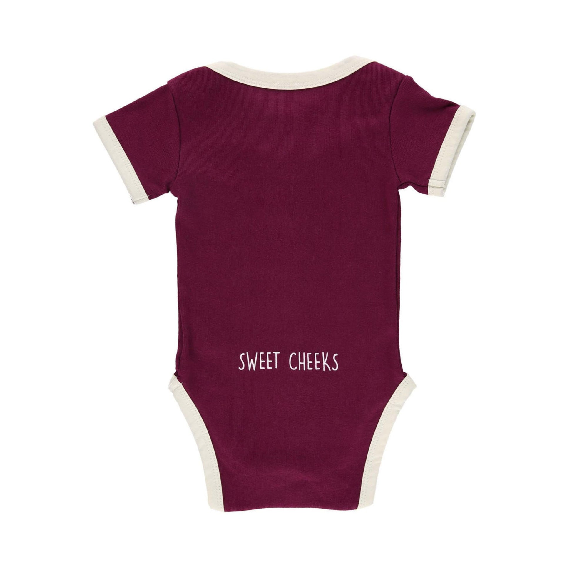 Maroon baby onesie with 'Sweet Cheeks' text on a white background