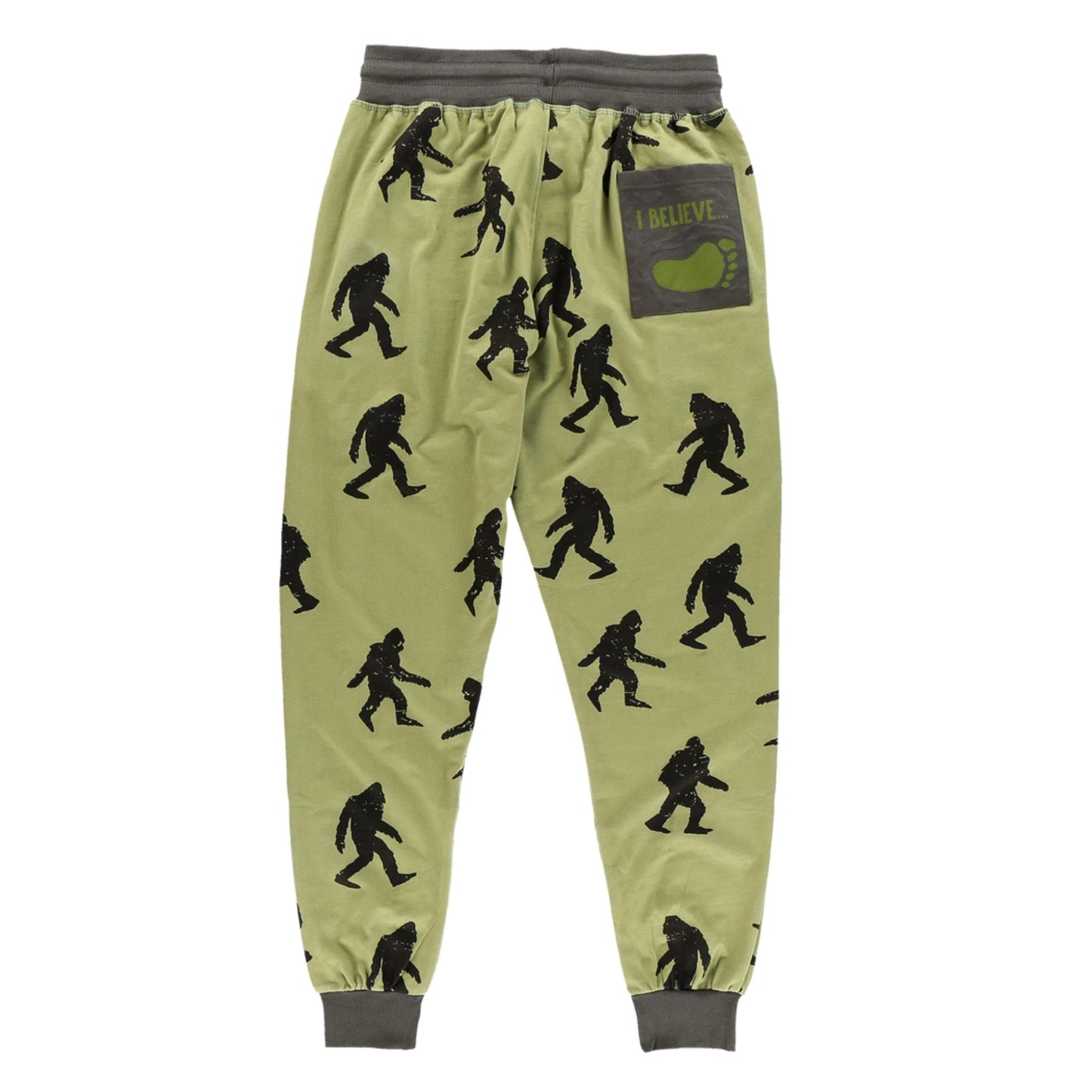 Green jogger pants with black Bigfoot silhouette pattern