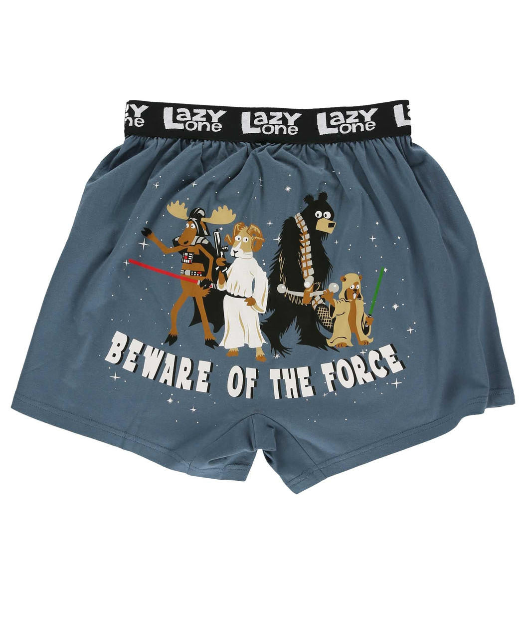 Blue boxer shorts with cartoon characters and 'Beware of the Force' text on a white background