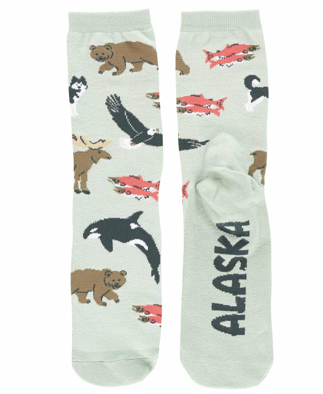 Socks with Alaska-themed design featuring bears, fish, and an orca on a light green background.