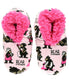 Pair of slippers with pink fuzzy interior and bear print on a white background