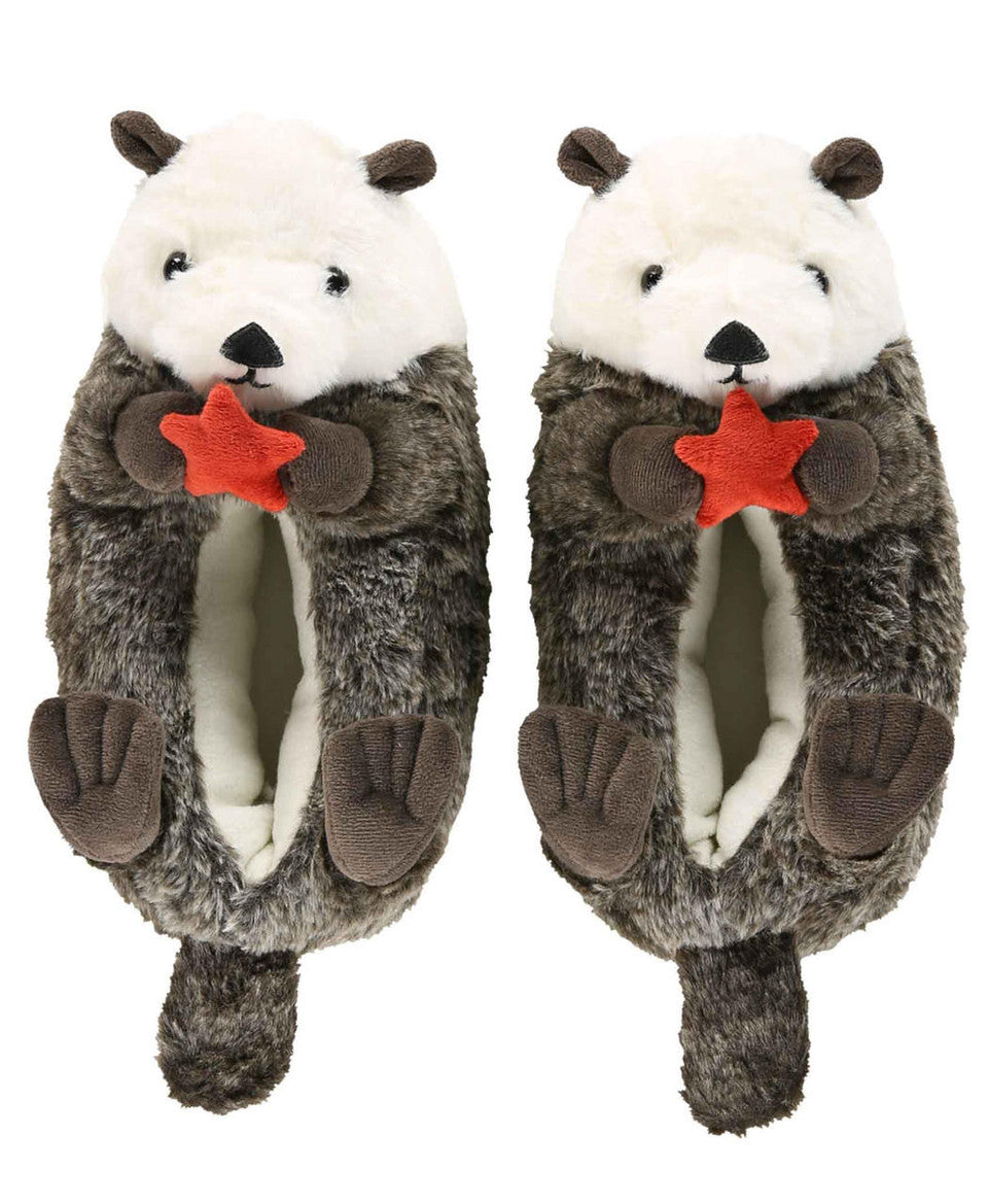 Pair of plush slippers with otter design on a white background