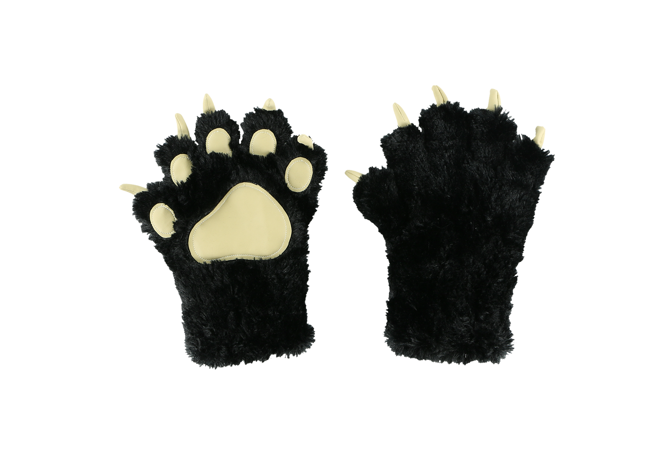 Pair of black paw-shaped gloves with beige centers on a white background