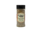 Bottle of savory salmon seasoning with a label on a white background
