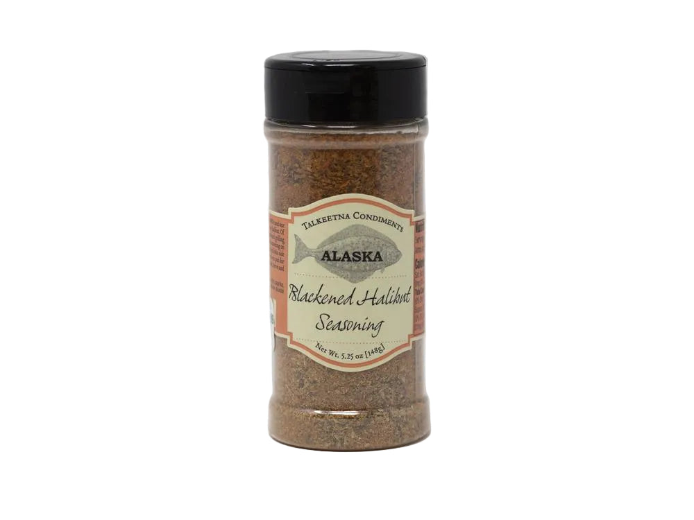 Spice jar labeled 'Blackened Halibut Seasoning' on a white background