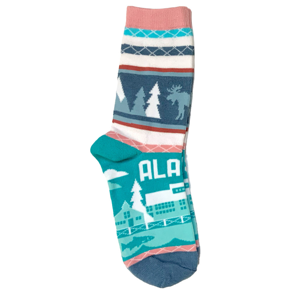 Colorful sock with nature-themed design and 'Alaska' text on a white background