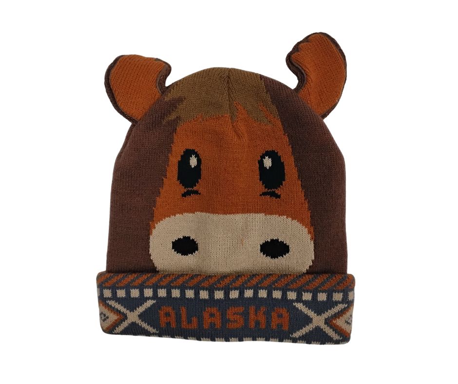 Knitted hat with moose design and 'Alaska' text 