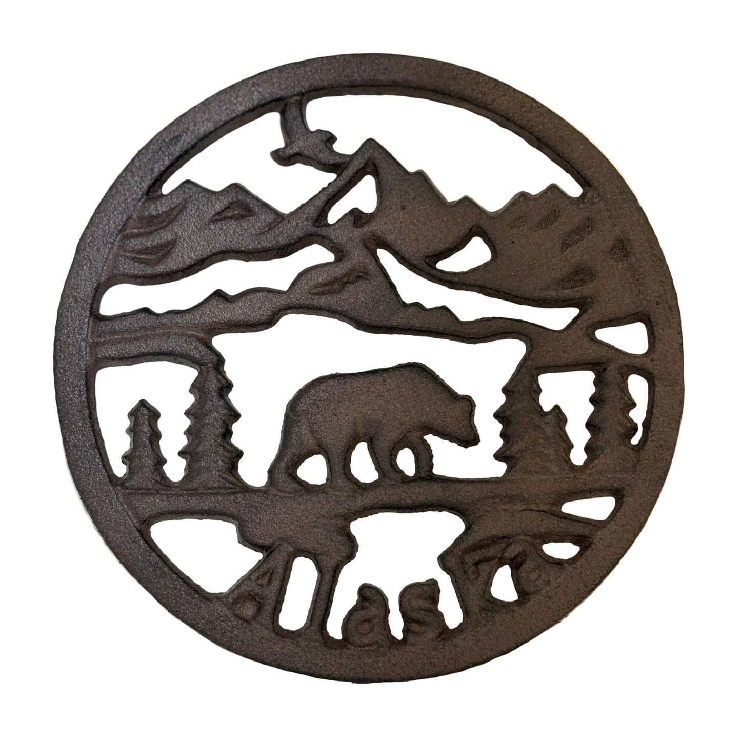 Metal trivet with alaska text and bear