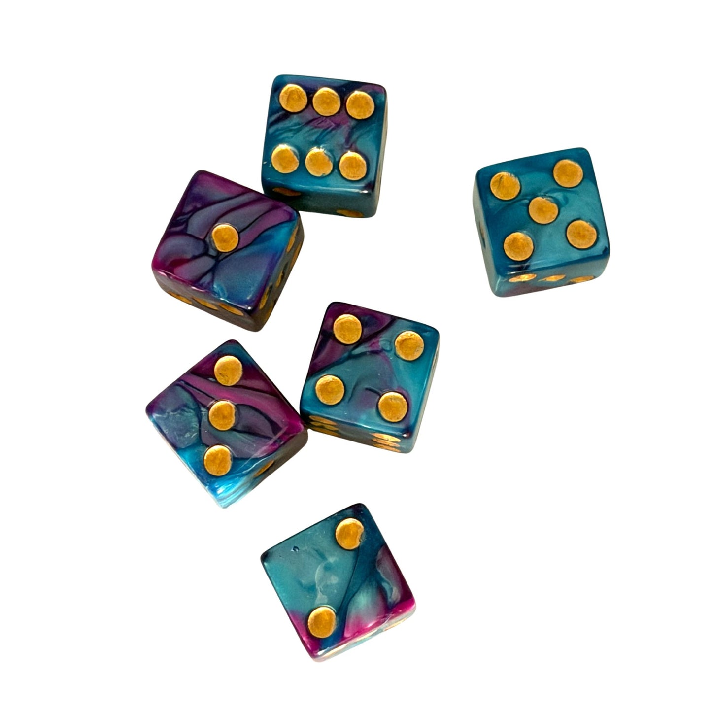Set of five colorful dice with gold pips 