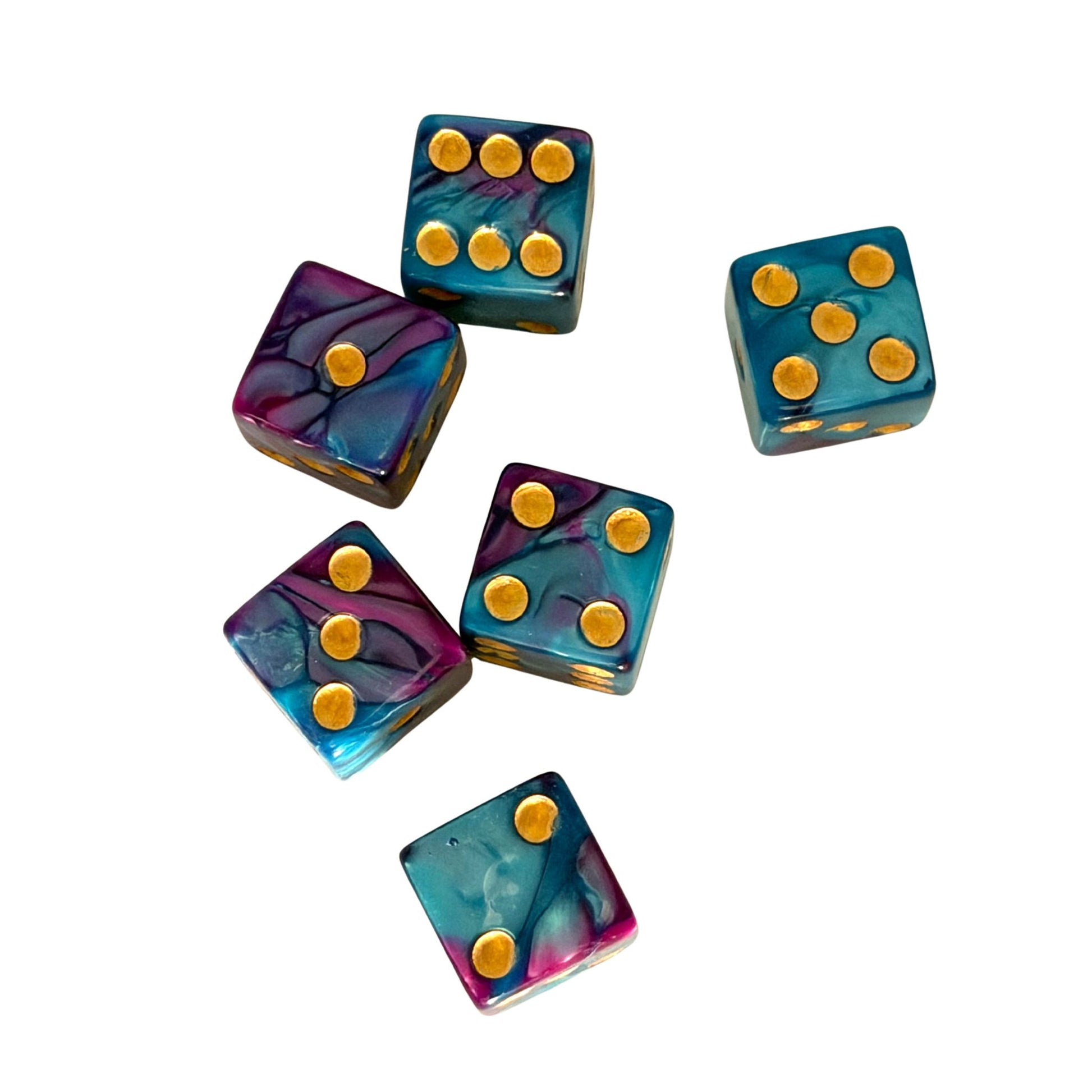 Set of five colorful dice with gold pips 