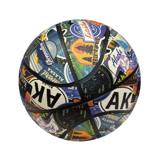 Multicolored basketball with Alaska-themed design