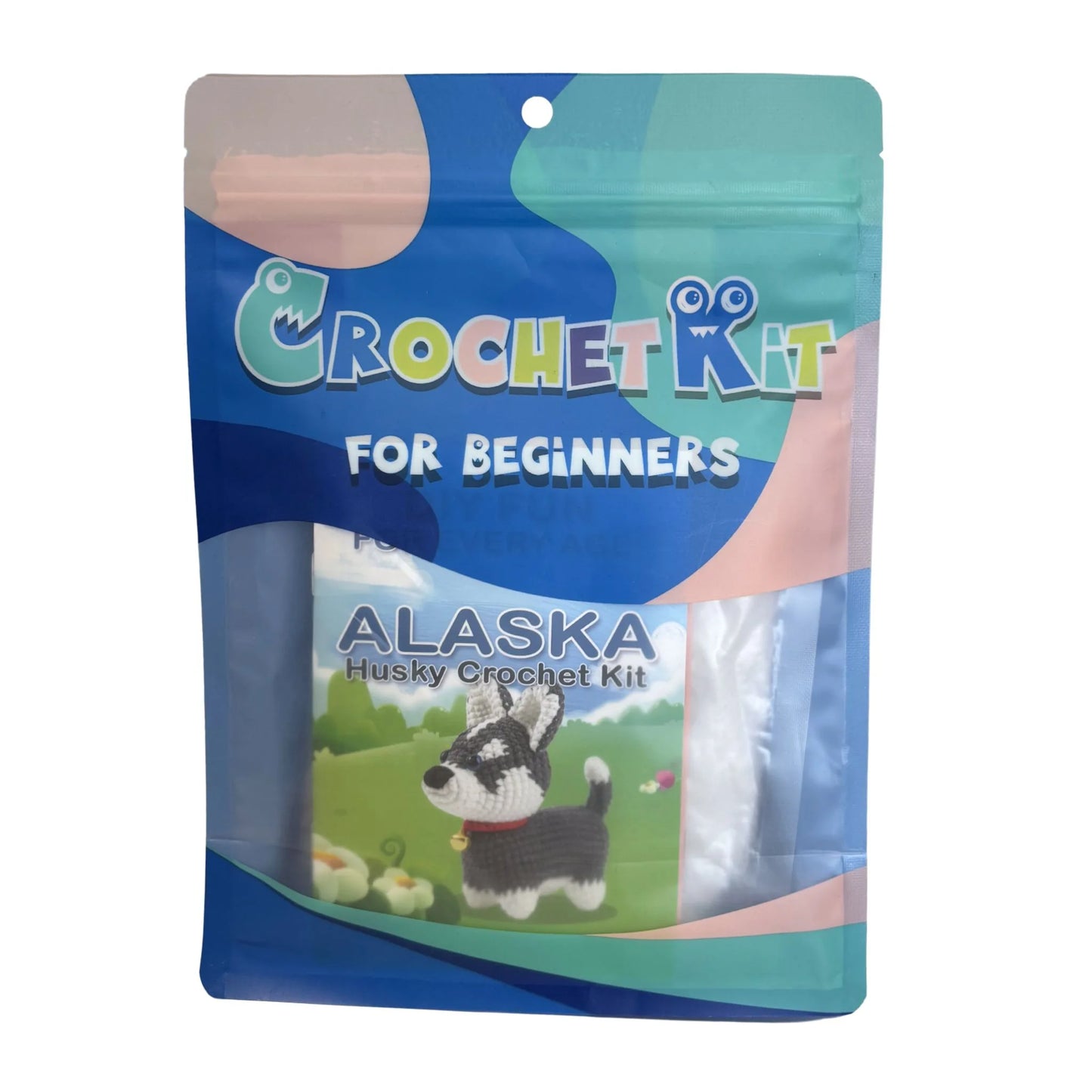 Crochet kit for beginners packaging with an image of a crochet husky 