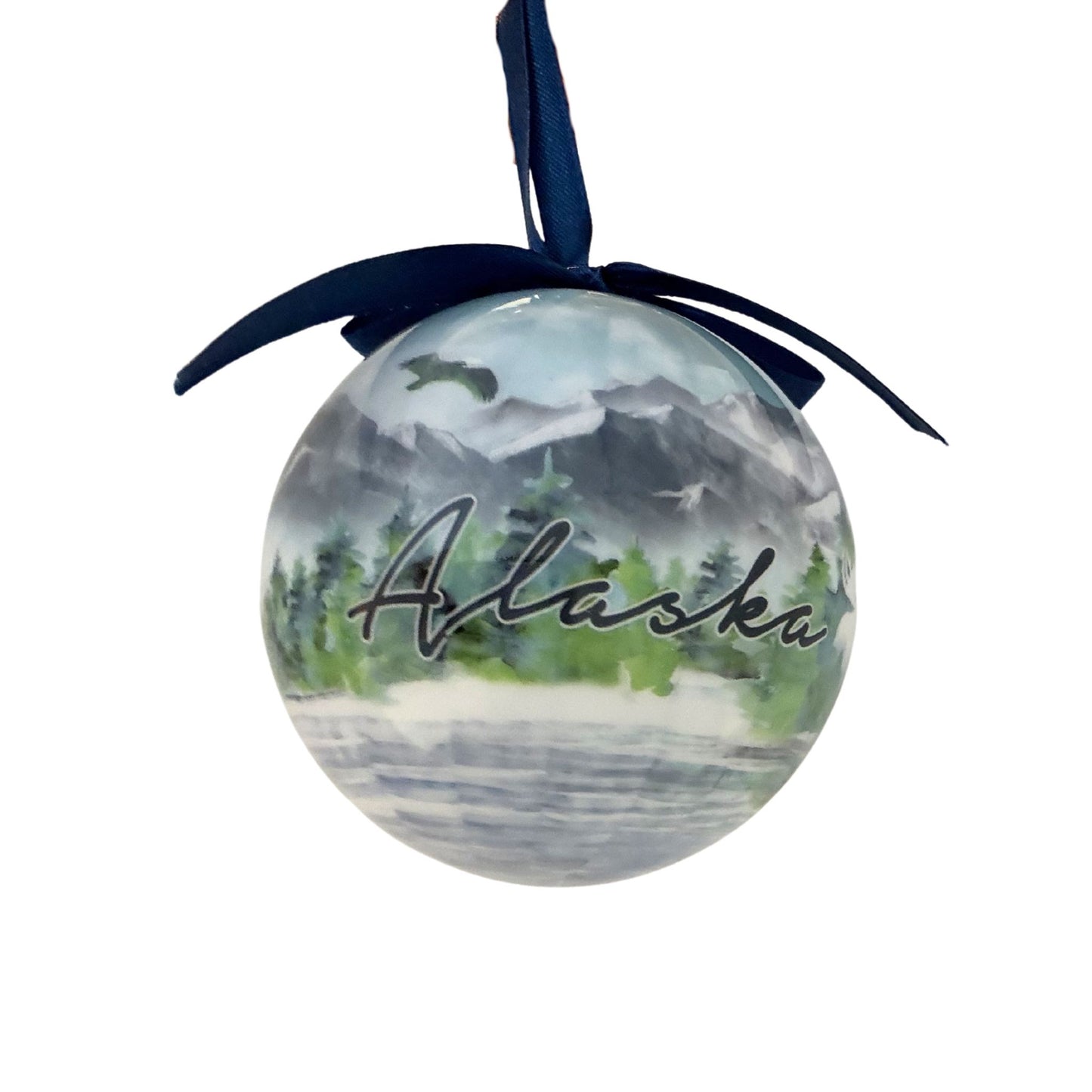 Spherical ornament with 'Alaska' text and mountain landscape 