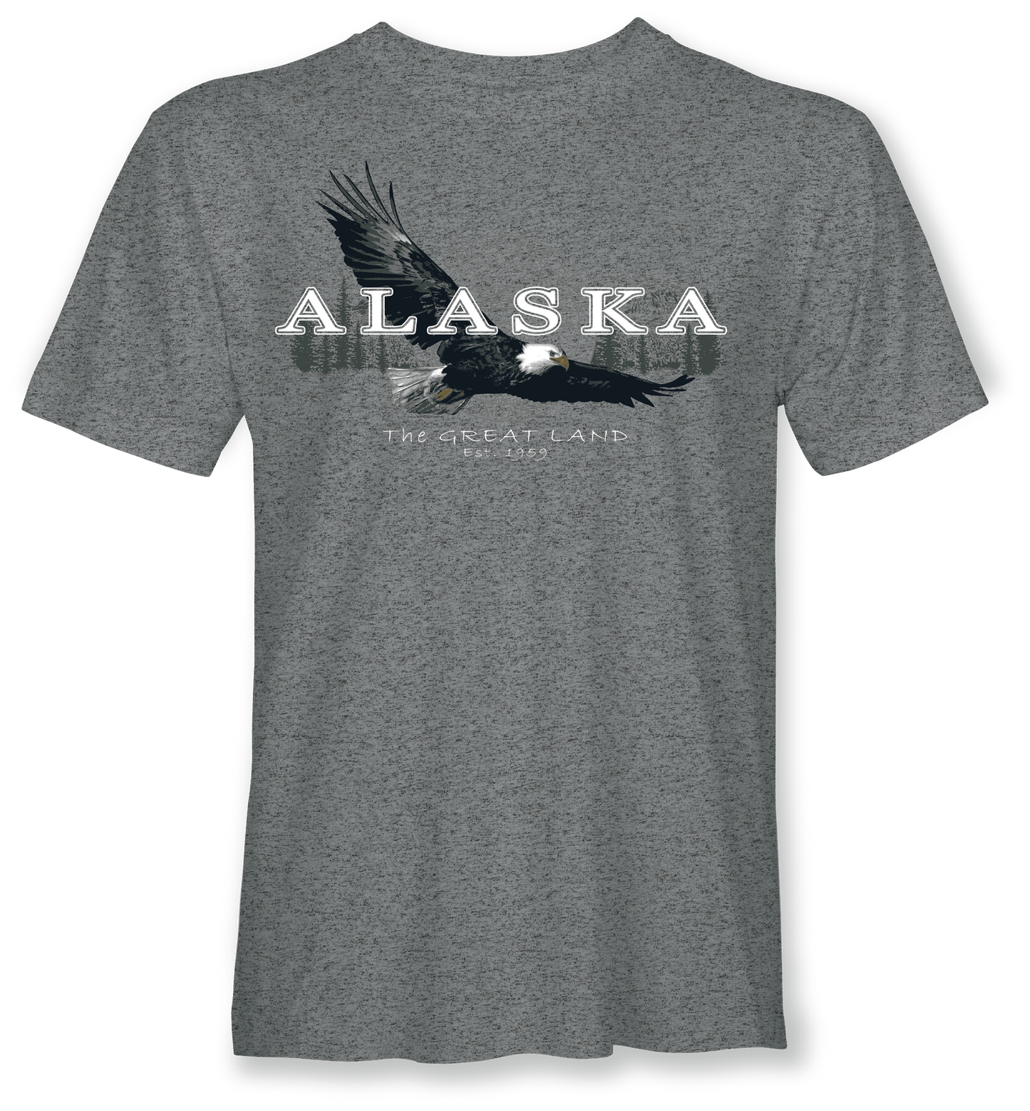 Gray t-shirt with an eagle graphic and 'Alaska The Great Land' text on a white background