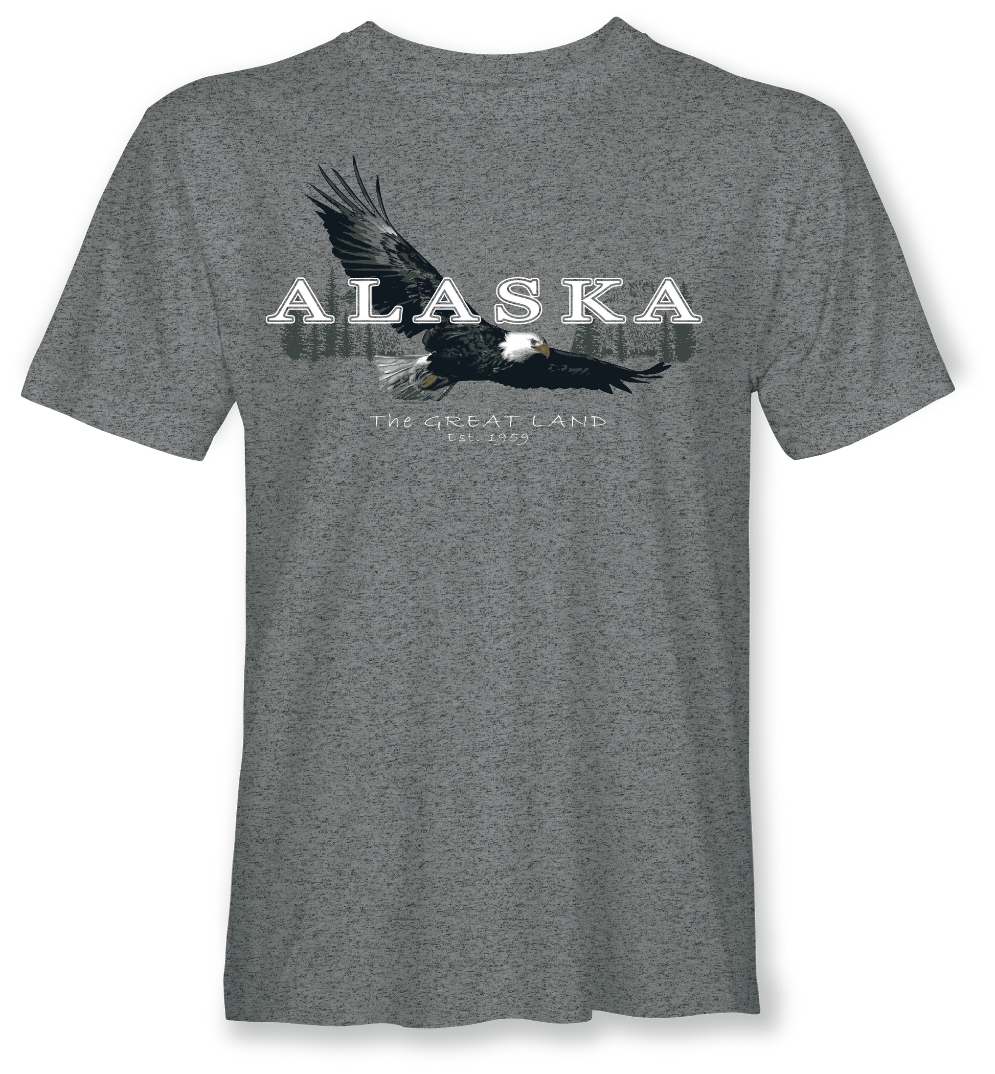 Gray t-shirt with an eagle graphic and 'Alaska The Great Land' text on a white background