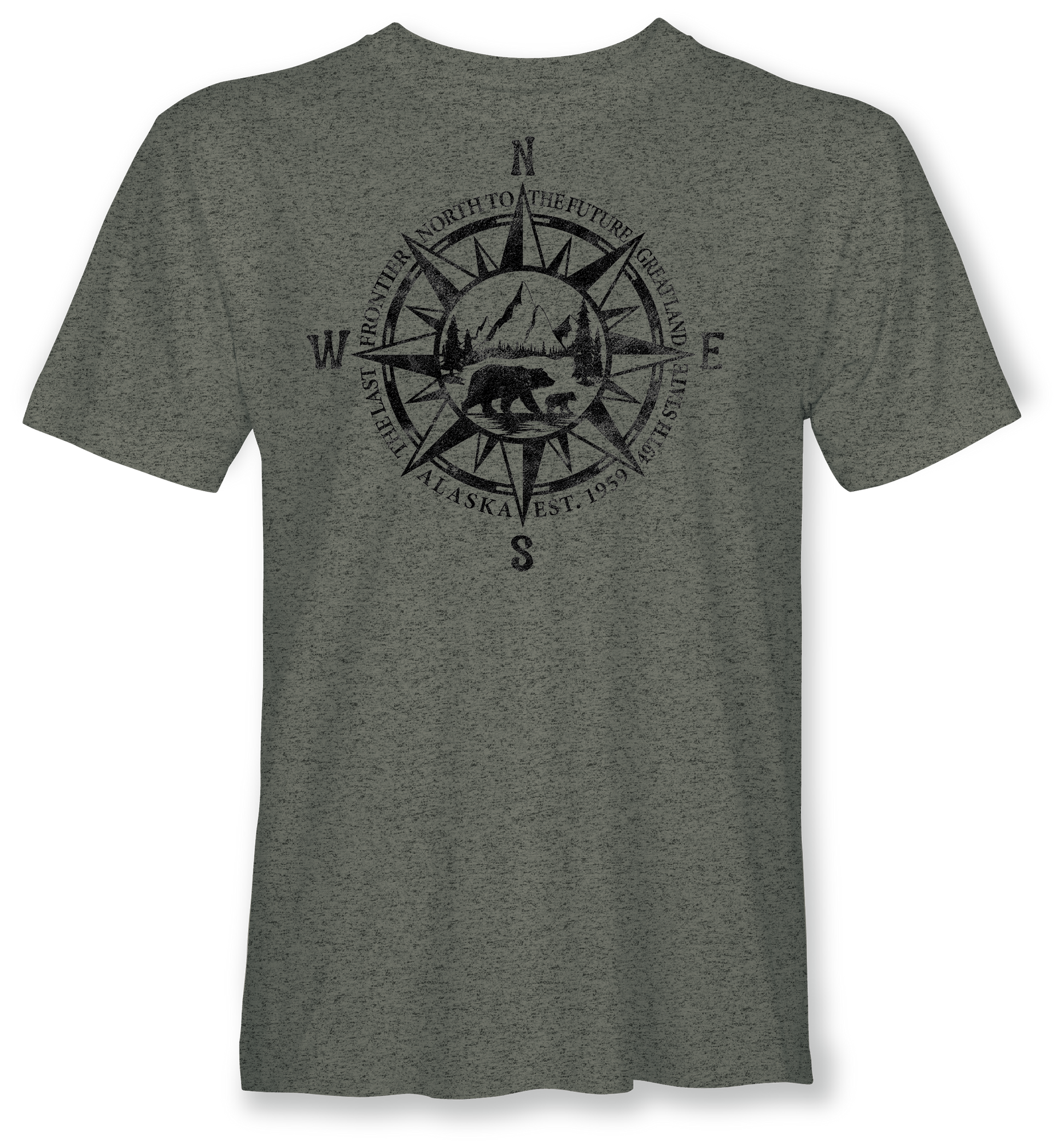 Green t-shirt with black compass design and bear graphic on a white background