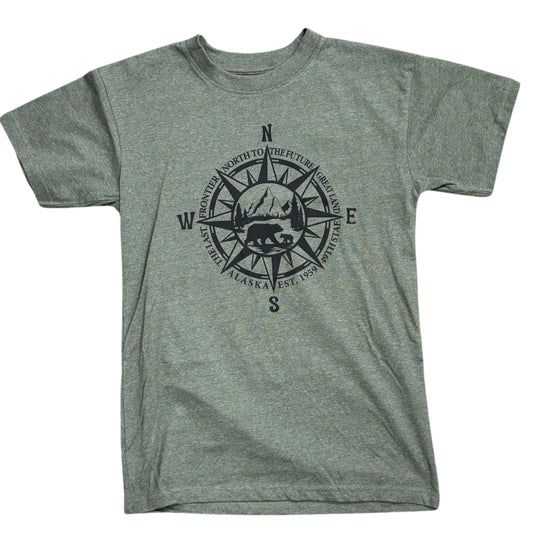 Green t-shirt with a black compass and bear graphic on a white background