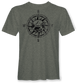 Green t-shirt with black compass design and bear graphic on a white background