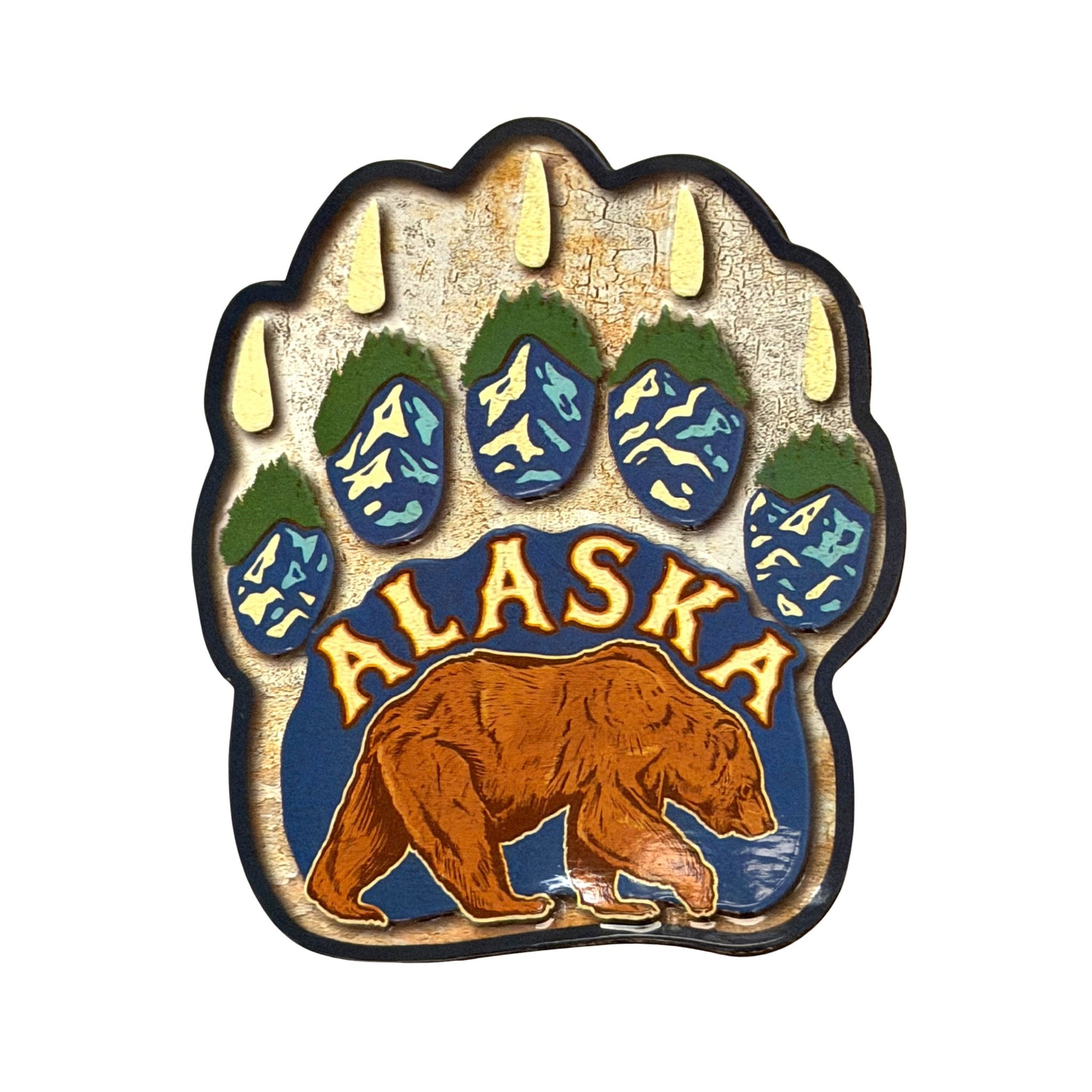 Alaska-themed magnet with bear and paw print design 
