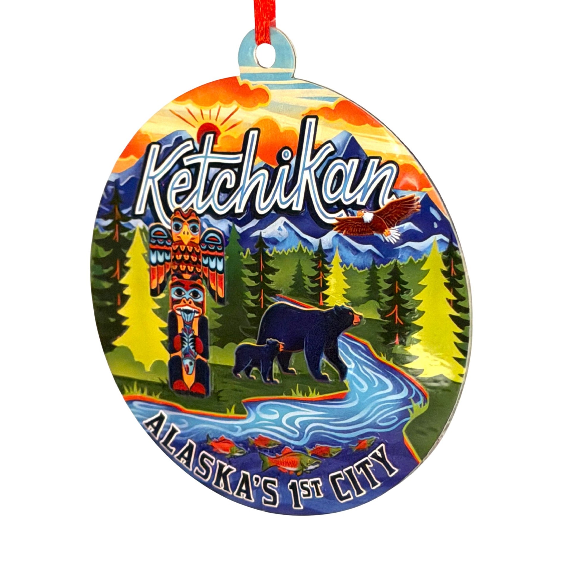 Decorative ornament with Ketchikan, Alaska design featuring bears, totem pole, and nature elements.