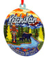 Decorative ornament with Ketchikan, Alaska's 1st City text, bears, totem pole, and nature scene.