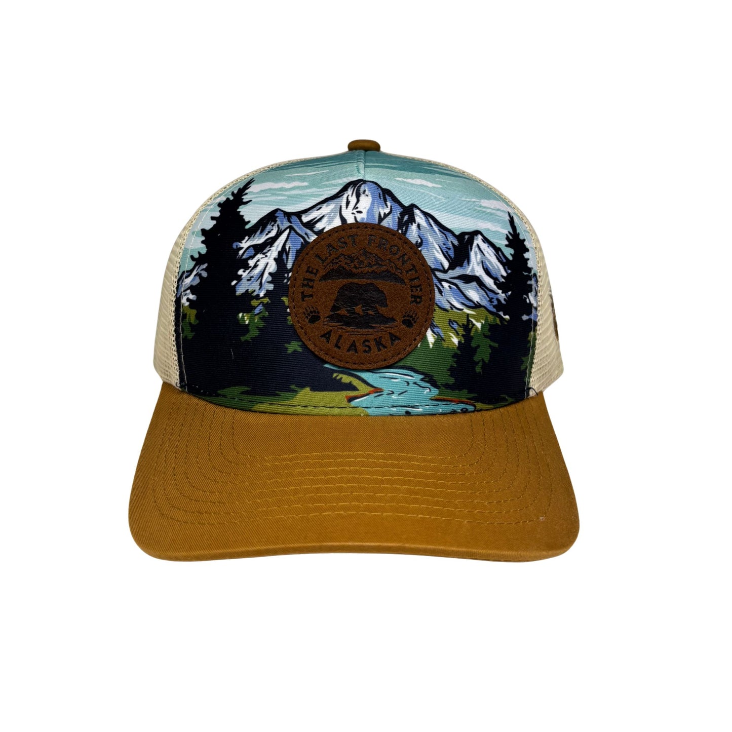 Trucker hat with mountain and river design on a white background