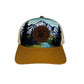Trucker hat with mountain and river design on a white background