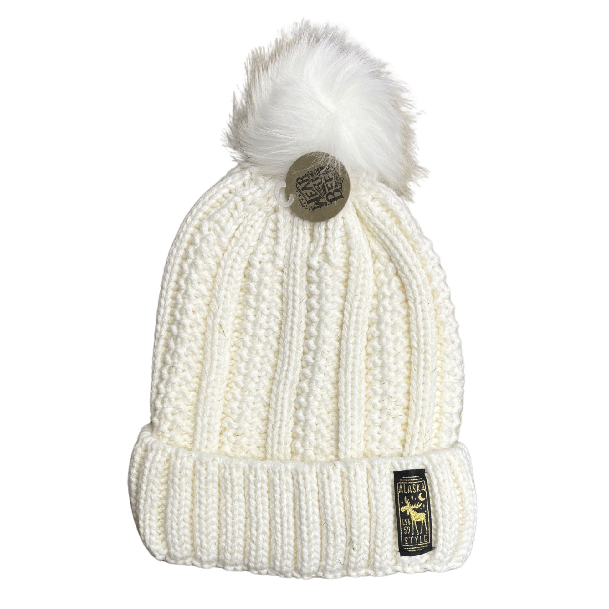 White knit beanie with pom-pom and brand logo on a white background