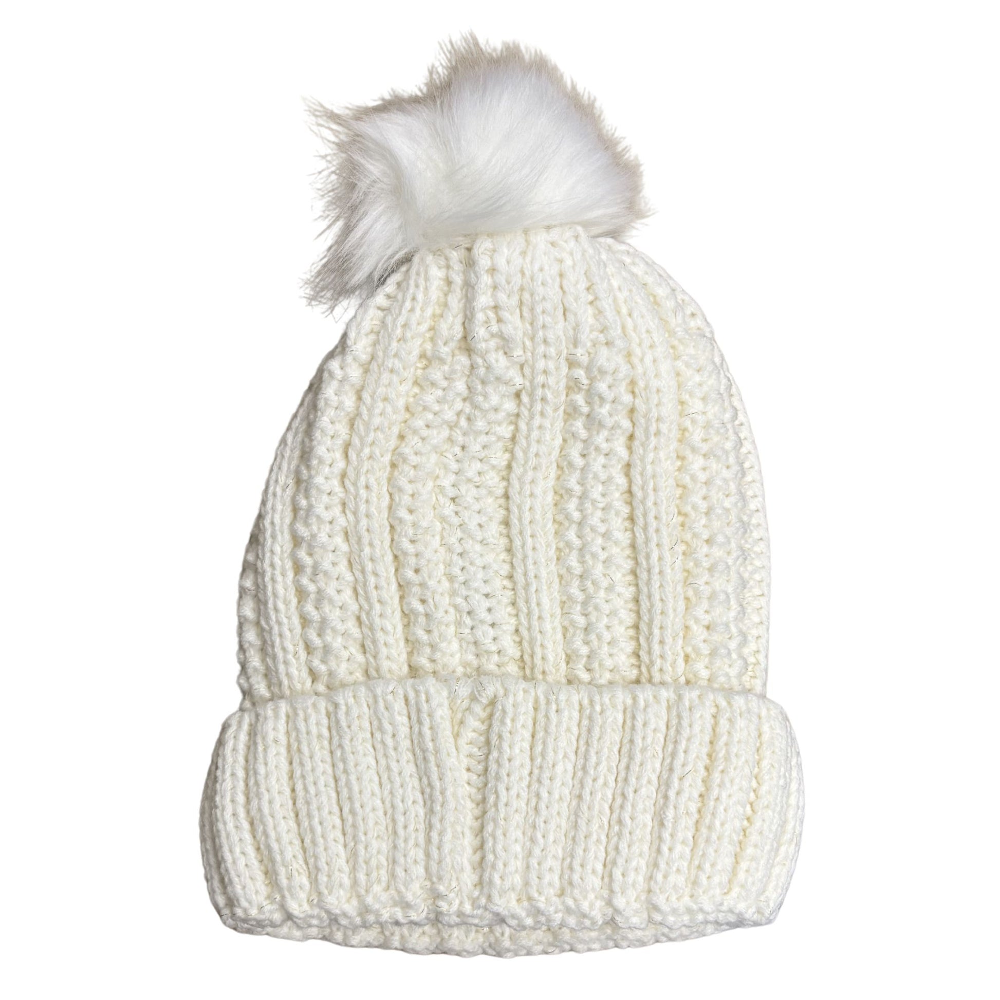 White knit beanie with a fluffy pom-pom on a white background