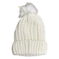 White knit beanie with a fluffy pom-pom on a white background