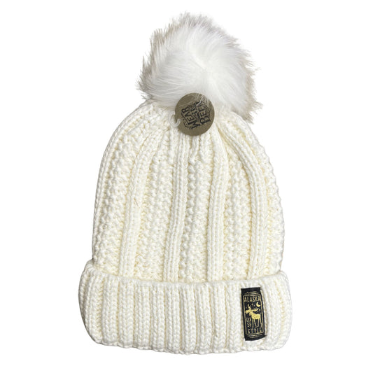 White knit beanie with pom-pom and brand logo on a white background