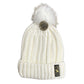 White knit beanie with pom-pom and brand logo on a white background