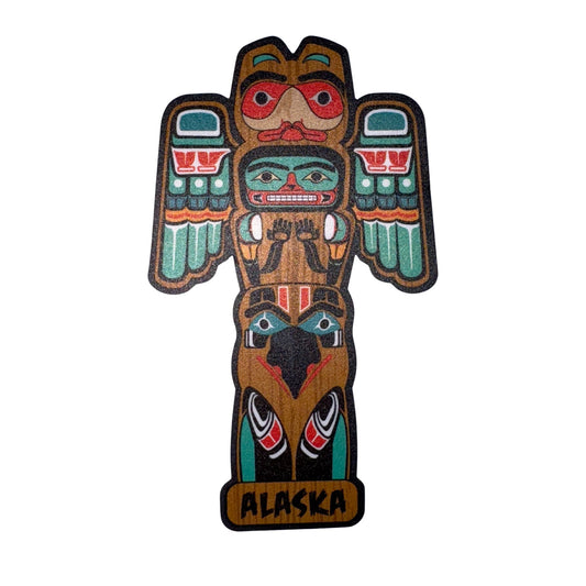 Colorful Alaska-themed totem pole sticker on a white background