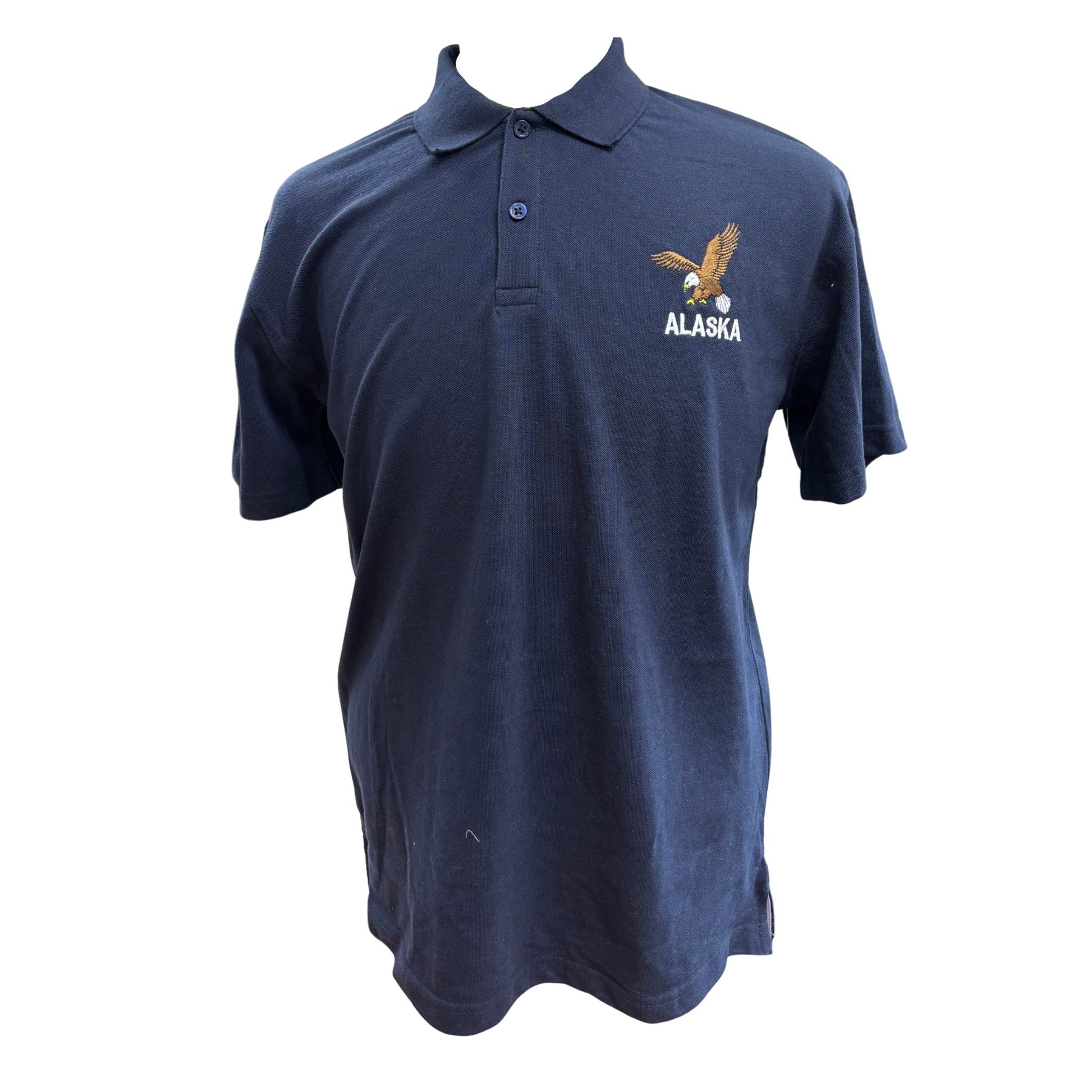 Navy blue polo shirt with 'Alaska' and an eagle emblem on a white background