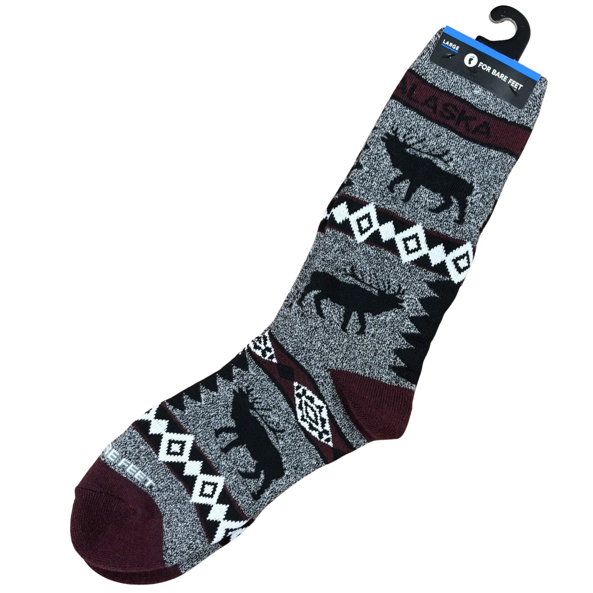 Gray sock with black caribou design and maroon accents 